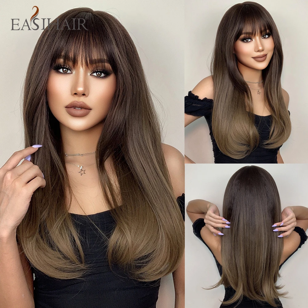 EASIHAIR Long Straight Bangs Wigs Natural Ombre Dark Brown Synthetic Hair Wig for Women Daily Cosplay Party Heat Resistant Fiber