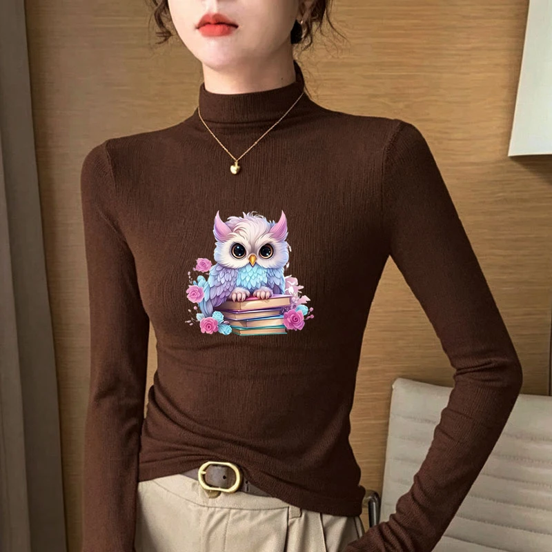 Winter Women's Thermal Brushed Fleece Half Mock Neck Long Sleeve T Shirt Owl on Books Roses Graphic Warm Tee