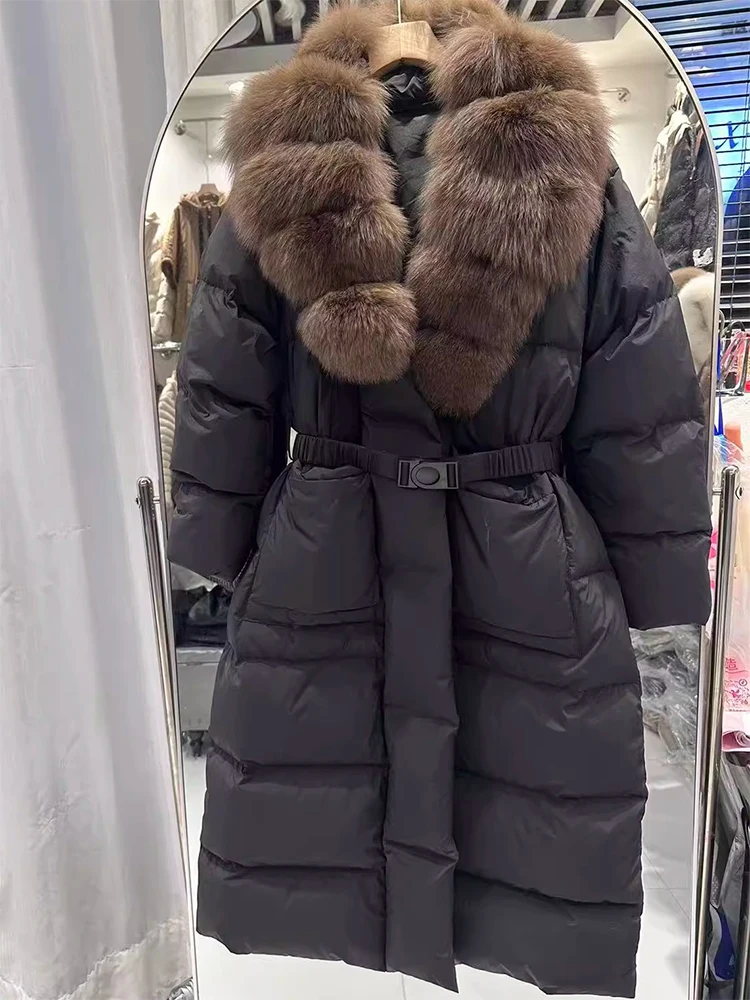 2026 Long Down Jacket Winter Large Real Fox Fur Collar Waist Women Parkas Elegant Thicken Hooded White Duck Puffer Coat