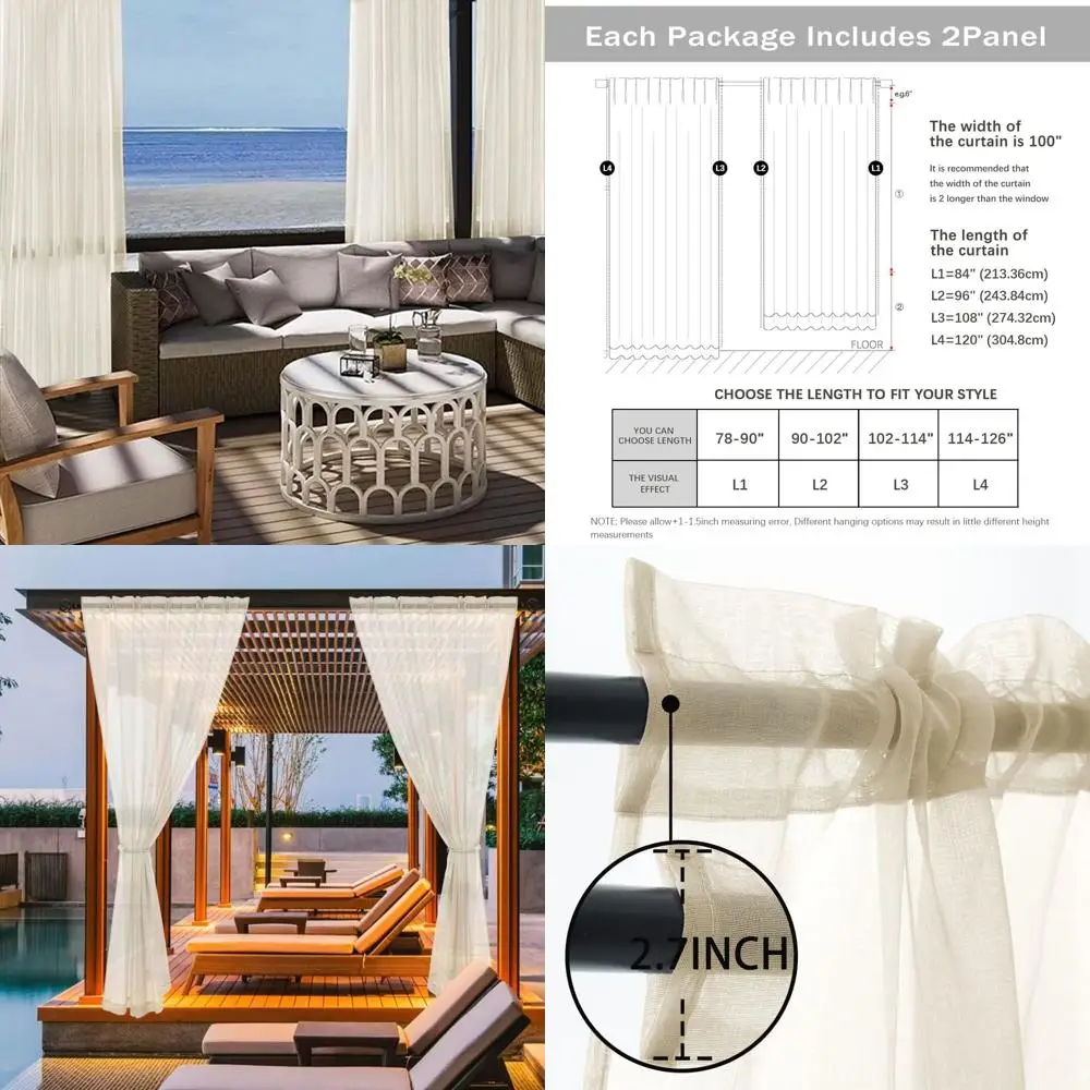 

Водонепроницаемые льняные шторы для патио, 100x96 дюймов, слоновая кость — идеально подходят для внутреннего и наружного пространства.