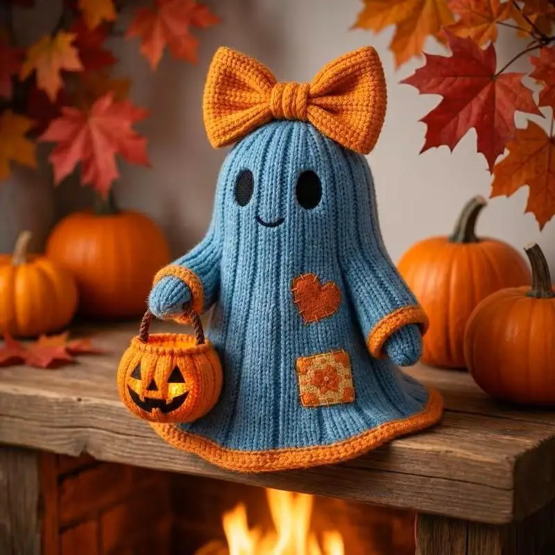 2D Vintage Distressed Wooden Patch Ghost Tabletop Ornament, Halloween Witch Hat With Bow Halloween Decoration Item, Suitable