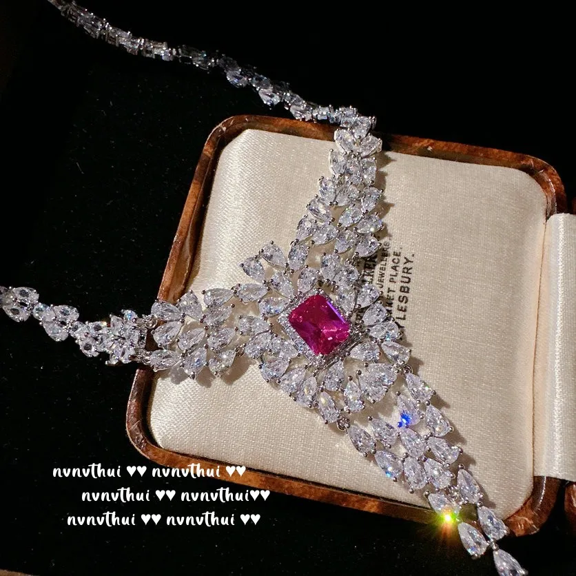 Jewelry Sets for Women 2pcs Necklace Earring Set White Zirconia Pink Gemstone Super Shine Fashion Jewelry Party Accessories