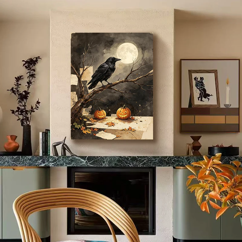affiche-murale-vintage-halloween-corbeau-arbre-nu-pleine-lune-jack-o'-lantern-feuille-d'erable-impression-sur-papier-ancien-style-rustique-sombre-et-effrayant
