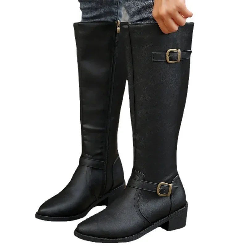 Women PU Leather Knee High Boots Autumn Winter Round Toe Knight Boots Women Platform Square Heel Long Botas De Mujer Big Size 43