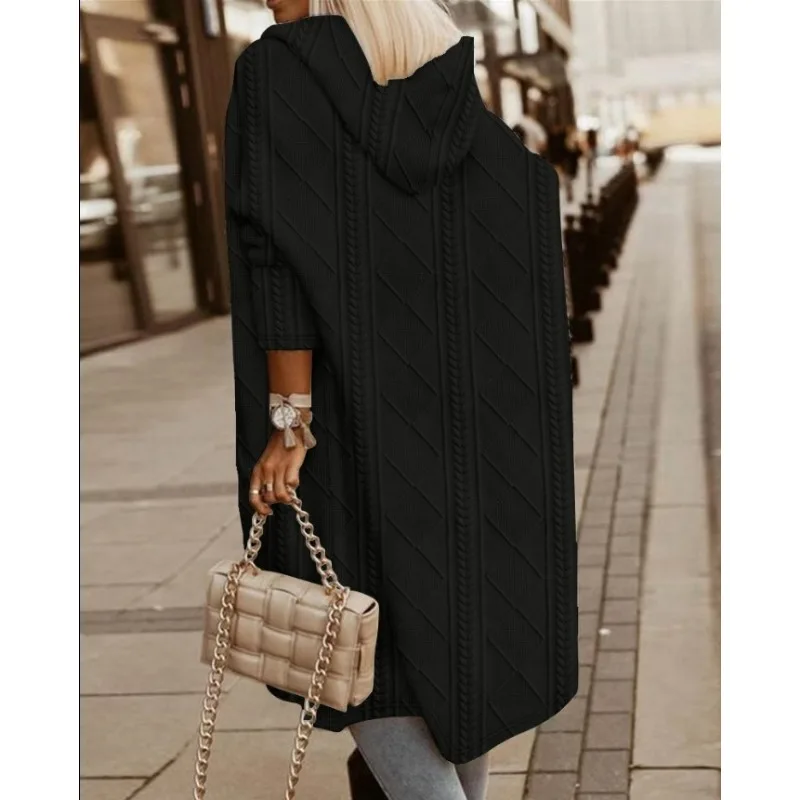 เสื้อแจ็คเก็ตผู้หญิงสไตล์ยุโรปอเมริกัน  แบบมีฮู้ด  ผ้าทอลายเคเบิ้ล  ความยาวปานกลาง  สำหรับฤดูใบไม้ร่วงและฤดูหนาว  แบบกันลม
