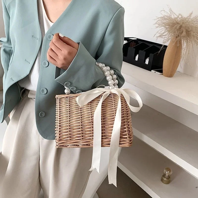 Pearl Bag Women's New Handmade Woven Bag Mesh Red Crossbody Bag Vine Woven Bag Versatile Gift Handbag