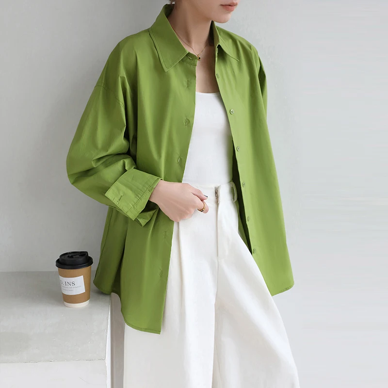 

SuperAen 2026 Spring and Summer New Solid Color Loose Shirt Tops Women's Green Design Cotton Oversize Simple Shirts
