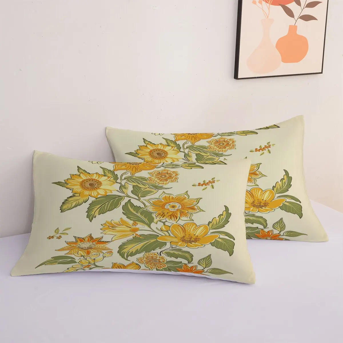 Golden chrysanthemum  Down comforter set, extra large size  green leaves  Printed duvet cover 3-piece set with 2 pillowcases