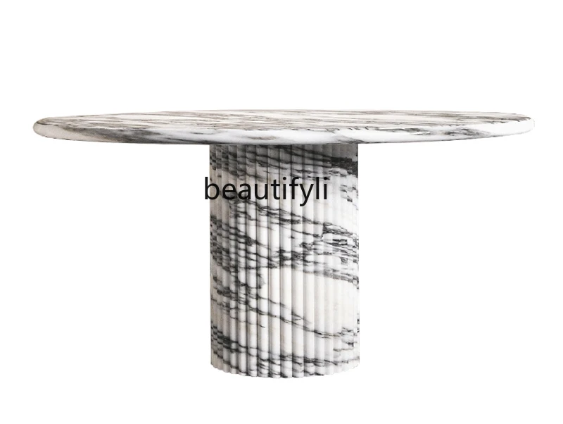 Natural marble dining table round table big white, villa hotel restaurant round cream style dining table