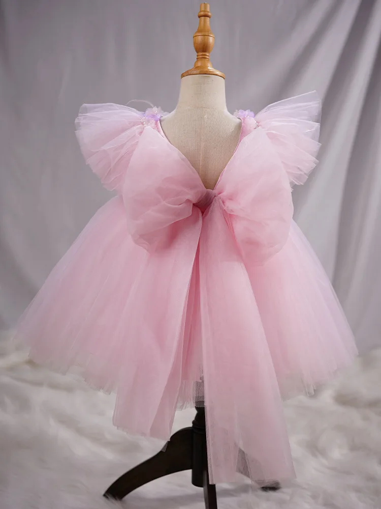 Baby Kids Princess Satin Pearls Bow Flower Girl Dress Children First Communion Dress Ball Gown Wedding Party Dress Birthday