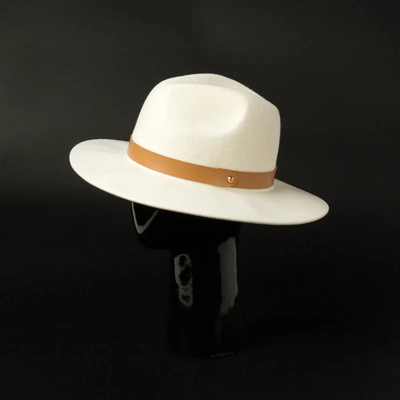 

Autumn Winter New Belt Decorated White Fine Woolen Jazz Hat Travel Shopping Felt Jazz Hat