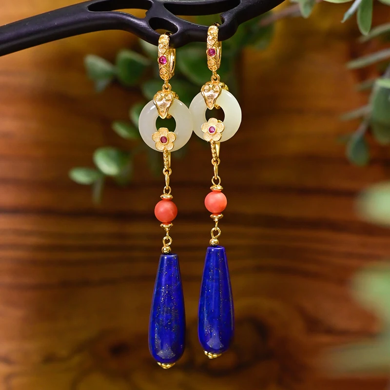 

Natural Lapis Lazuli Water Drop Earrings, Long New Chinese Hetian Jade Safety Buckle, Sterling Silver Earrings