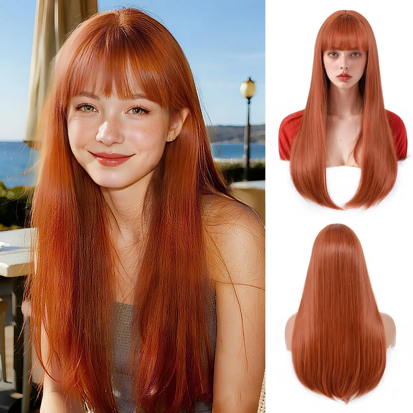 Best-selling 26-inch synthetic wig in orange color. Halloween party cosplay wig. Everyday wig. High-temperature silk wig cover.