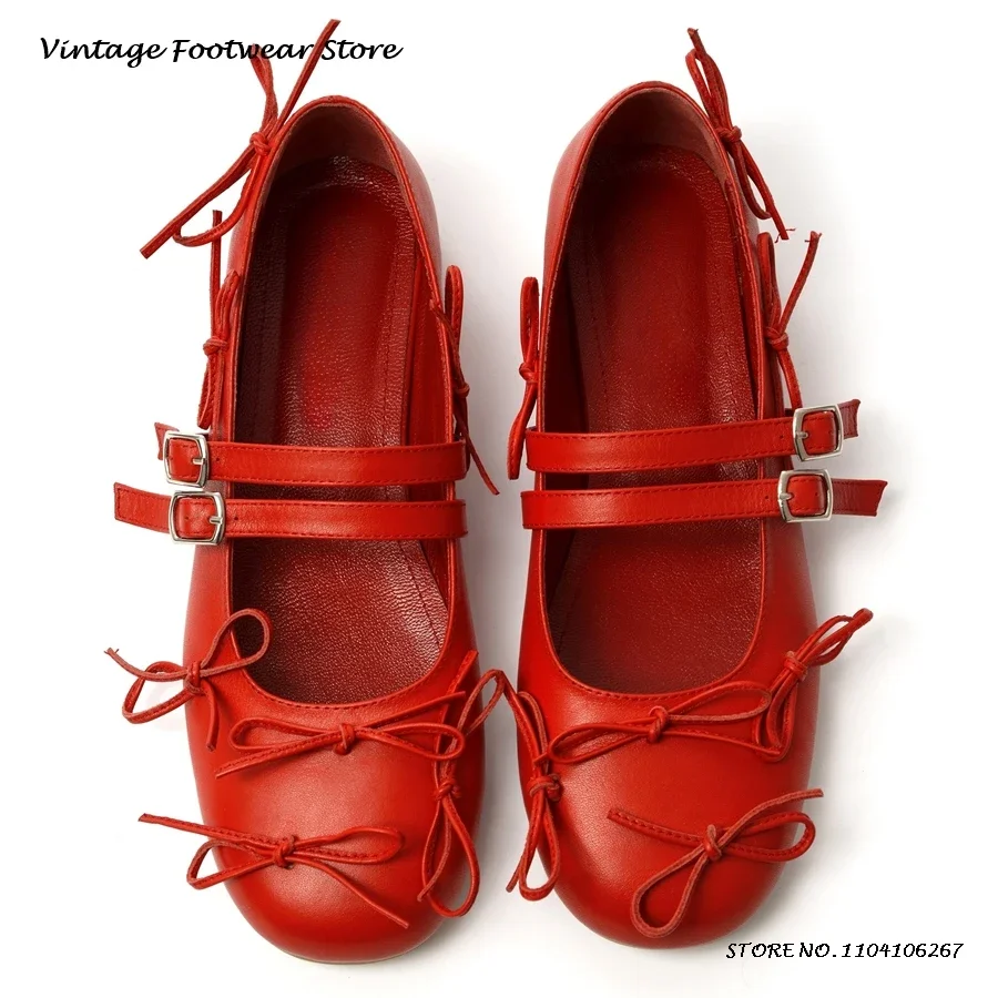 

Bownot Embellished Leather Ballet Shoes Lovely Round Toe Flat With Buckle Strap Flats All Seasons Comfy Women's Casual Shoes