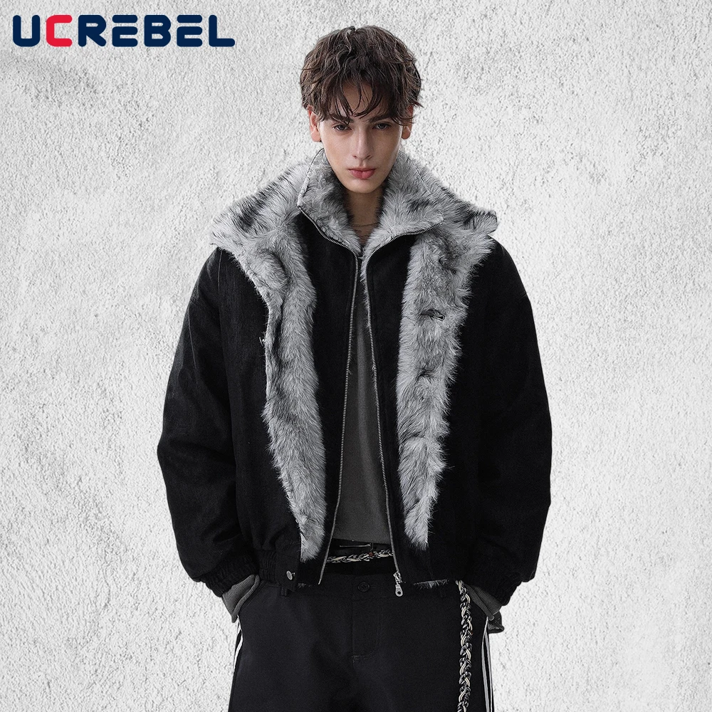 

Retro Spliced Fake two-piece Padded Jacket Mens Winter Streetwear Single Breasted Long Sleeve Fur Collar Thick Quilted Jacket