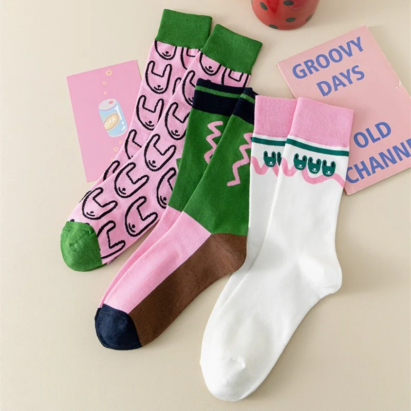 1 3 Pairs Women's Kawaii Cotton Socks - Pink Green Harajuku Socks Abstract Cartoon Print All Season Casual Crew Socks EU 35-40
