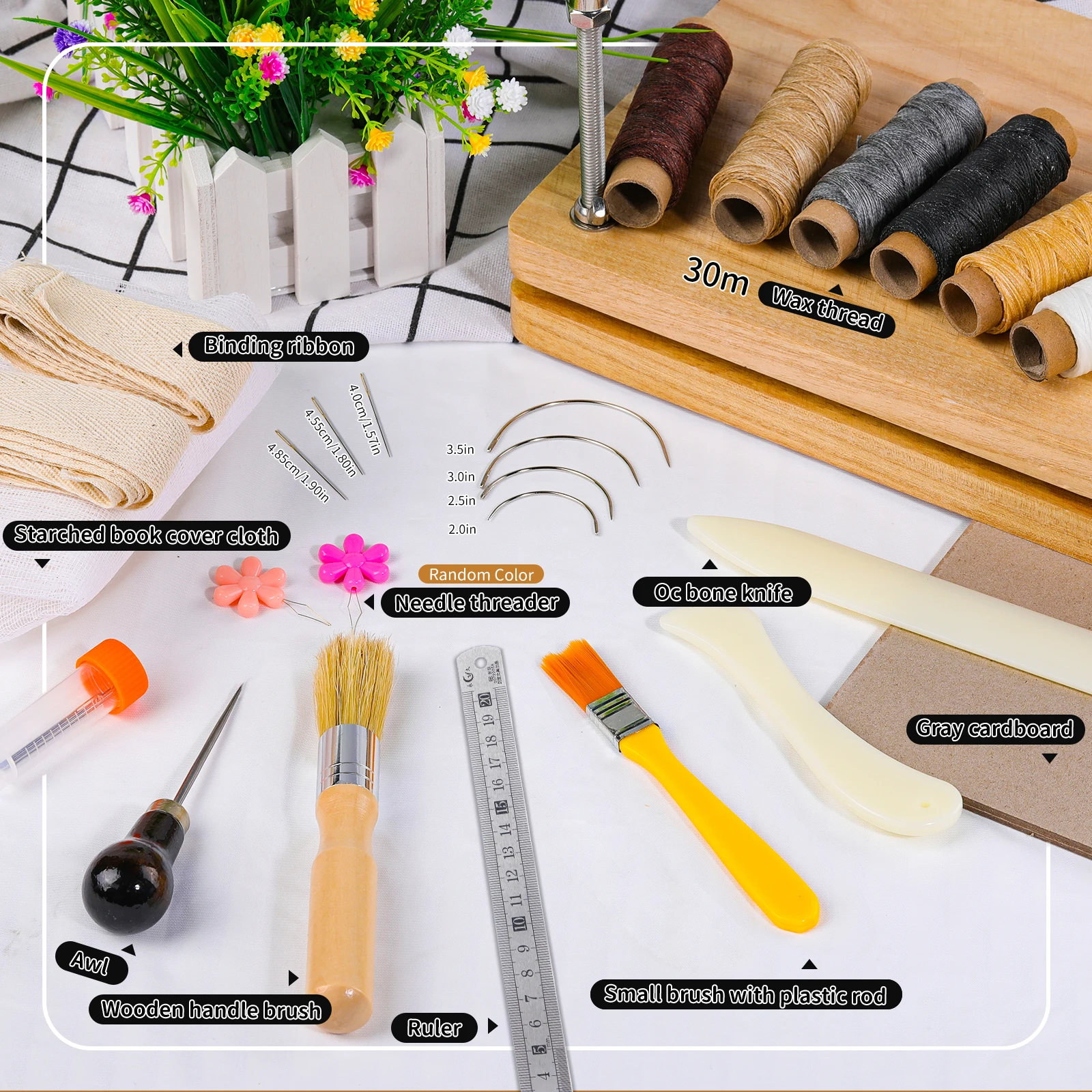 Bookbinding Plastic Bone Folder Creaser Waxed Thread Tools Set with Portable Binding Press Machine Of Paulownia Wood