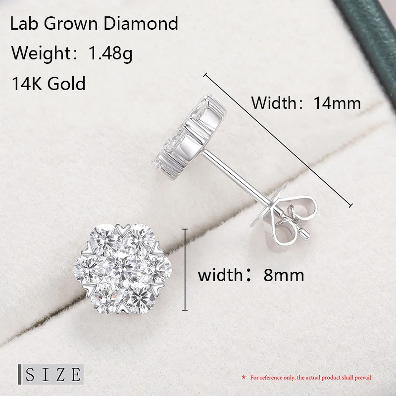 14K White Gold Stud Earrings For Women Men Honeycomb Flower Lab Grown Diamond Round Ear Studs Fine Wedding Birthday Jewelry Gift