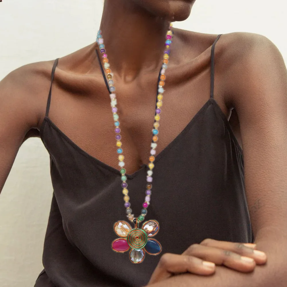 Colorful Bohemian Glass Beads Long Fringe Necklace with Flower Pendant Handmade Women Jewelry Party
