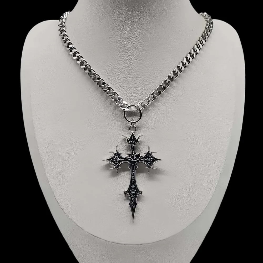Gothic Punk Rose Cross Pendant Necklace Stainless Steel Thick Cuban Chain Choker for Women Men Unisex Rock Hip Hop Jewelry Gifts