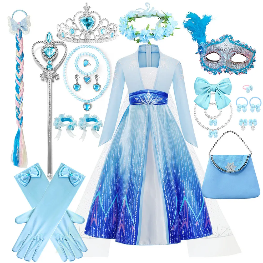 

Летнее платье Эльзы 2026 года, синее, с длинными рукавами, имитация двух частей, платье принцессы, по мотивам сказок и фильмов, милое платье, карнавальный костюм + аксессуары