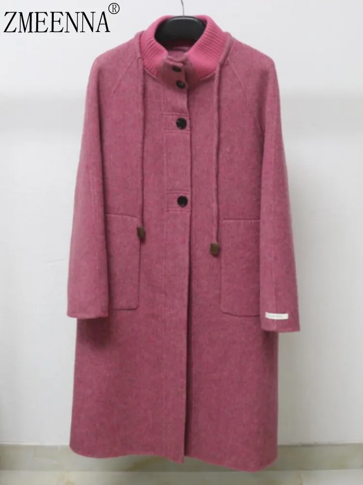 

ZMEENNA Wool Blend Long Coat For Women Autumn Winter Casual Loose Fit Outerwear Warm Mid-Length Overcoat Button Pockets ZM3856