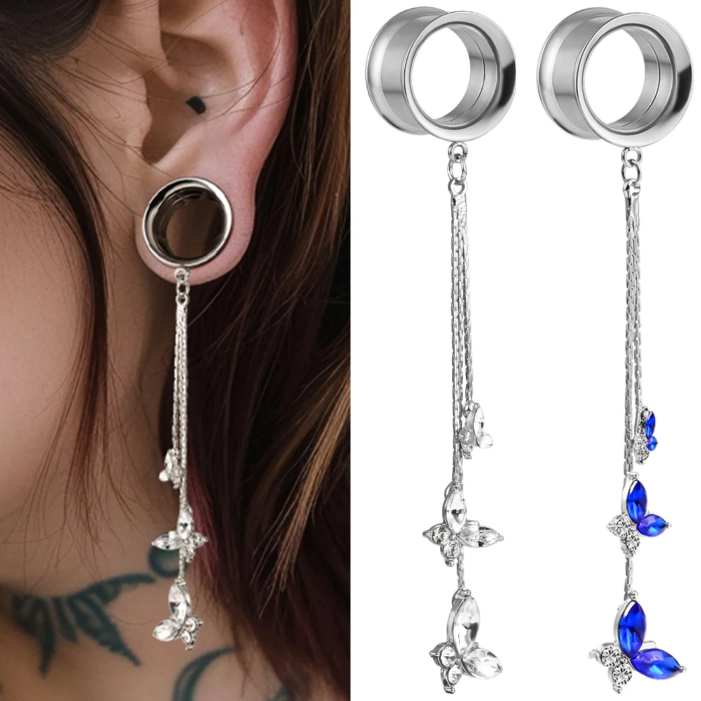 Doearko 2PCS Ear Piercing Plugs Tunnels Gauges Butterfly Dangle Earring jewelry Stainless Steel Ear Expander Body Jewelry