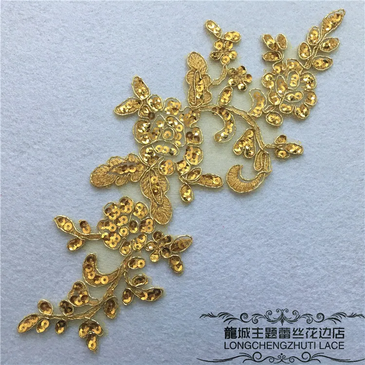 4Pcs/2pairs 26X9cm Gold Sequins Venise Lace Trim Wedding Sewing Applique Crafts Lace Fabric For Wedding Dress Decoration