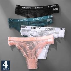 FINETOO 4Pcs Transparent Women Lace G-string Sexy Thong Low Waist Panty Floral T-Back Underwear Girl Letter Band Female Lingerie