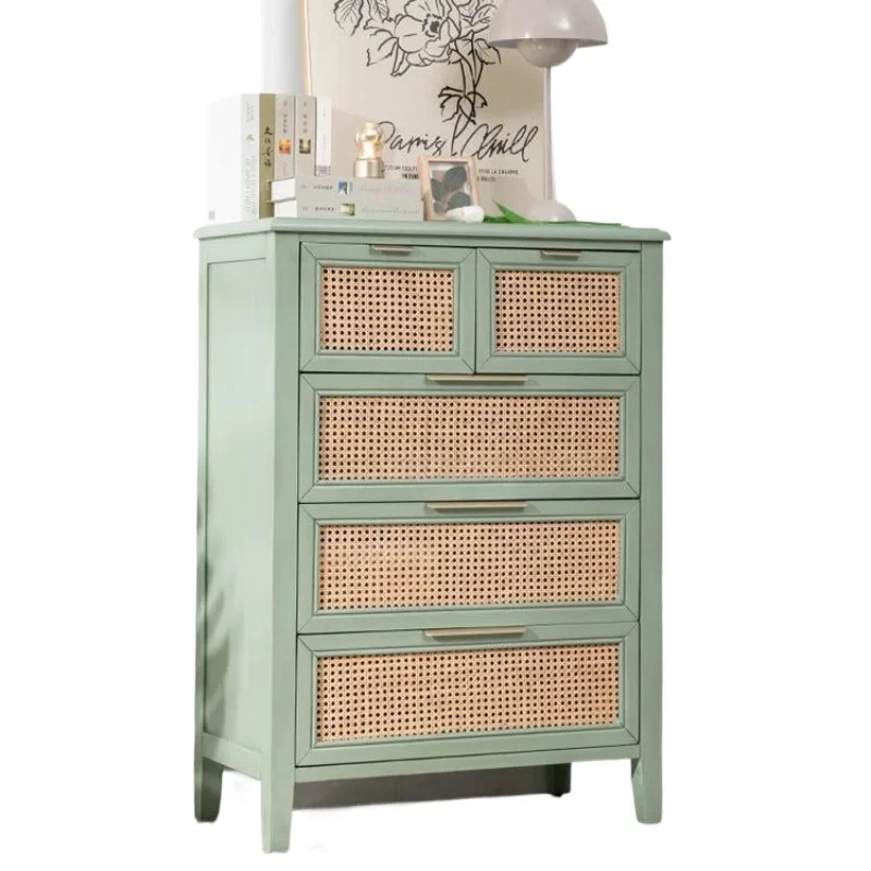 

American retro, chest of drawers, bedroom rattan bedside table, modern simple light luxury drawer locker, solid wood