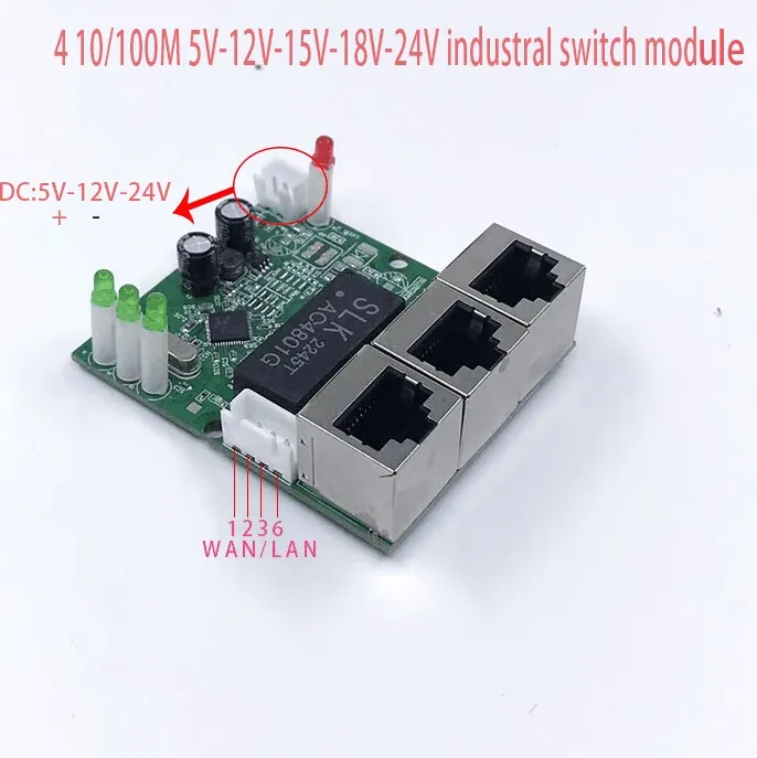 Mini PCBA 4 porte Networkmini modulo switch ethernet 10/100Mbps 5V 12V 15V 18V 24V