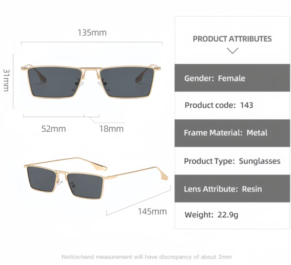 Exquisite And Sweet Delicate Rectangular Frame Neutral Lightweight Outdoor Shopping Party Fashionable UV400 Sunscreen Sunglasses