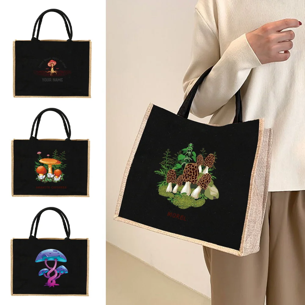 Minimal Contrast Tote Bag Mushroom Pattern With Rough Burlap Texture And Smooth Black Front For Casual Urban And Street Style