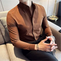 2023 Autumn New Stand Collar Solid Slim Shirts Mens Hide Buttons Design Luxury Long Sleeve Party Wedding Business Dress Shirts