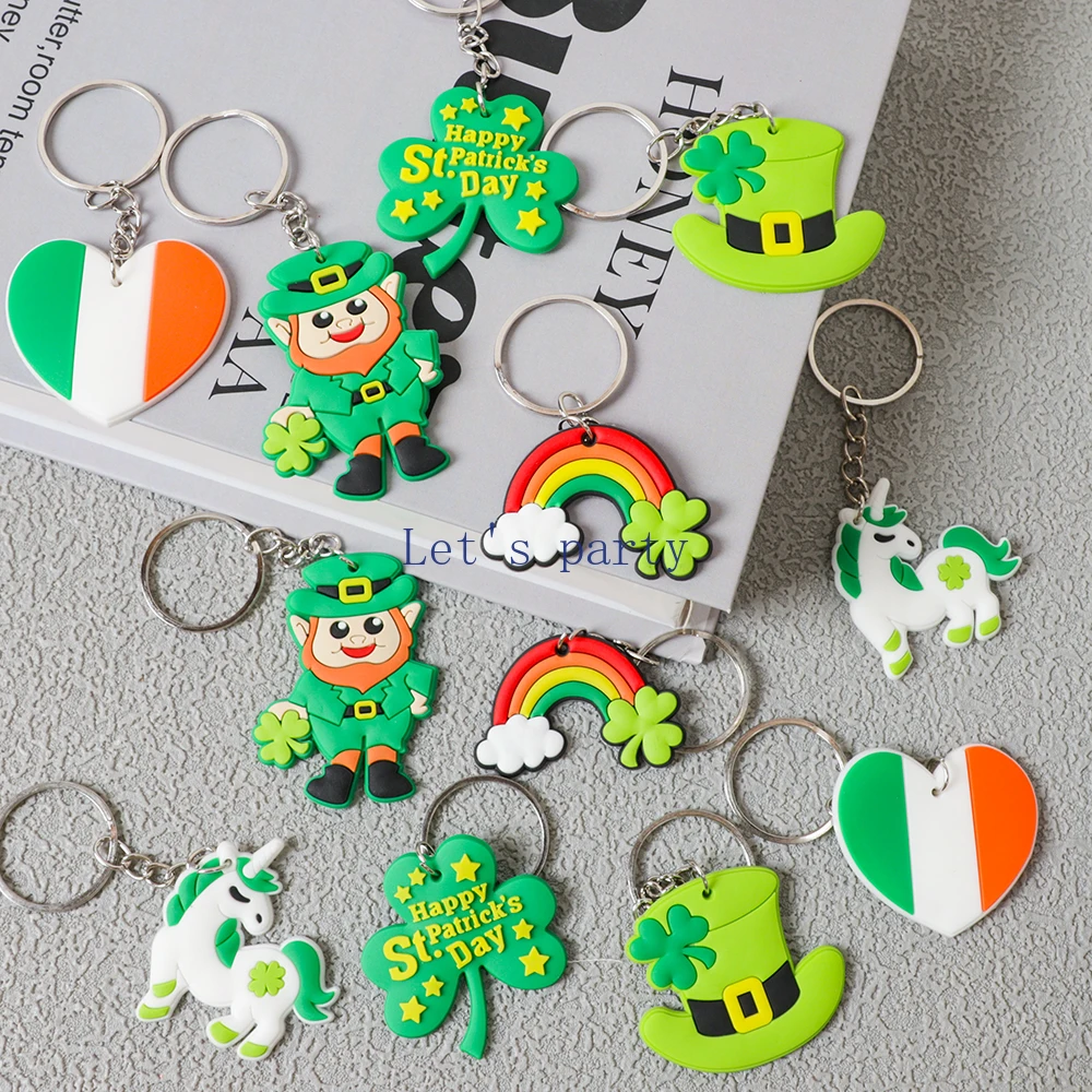 12Pcs St Patrick's Day Theme PVC Keychains Lucky Shamrock Clover Backpack Pendant for Birthday Irish Saint Party Favors Decor