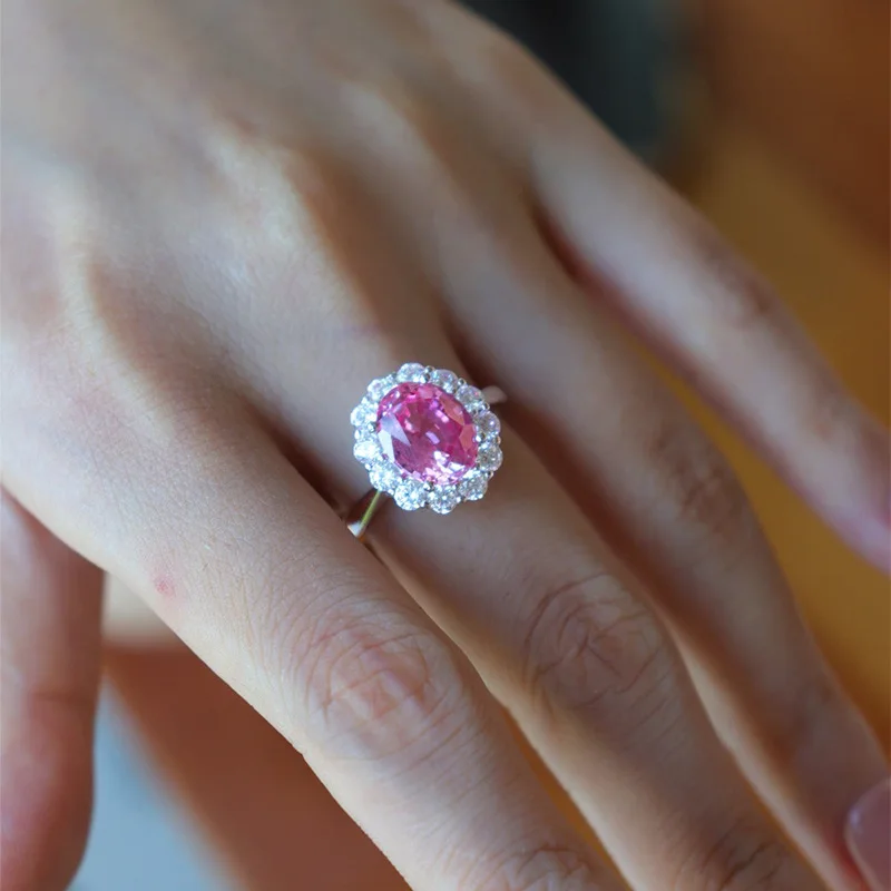 Cultivate a new 100% S925 silver Dan shaped pink blue treasure ring 8 * 10mm oval surround light luxury wedding jewelry