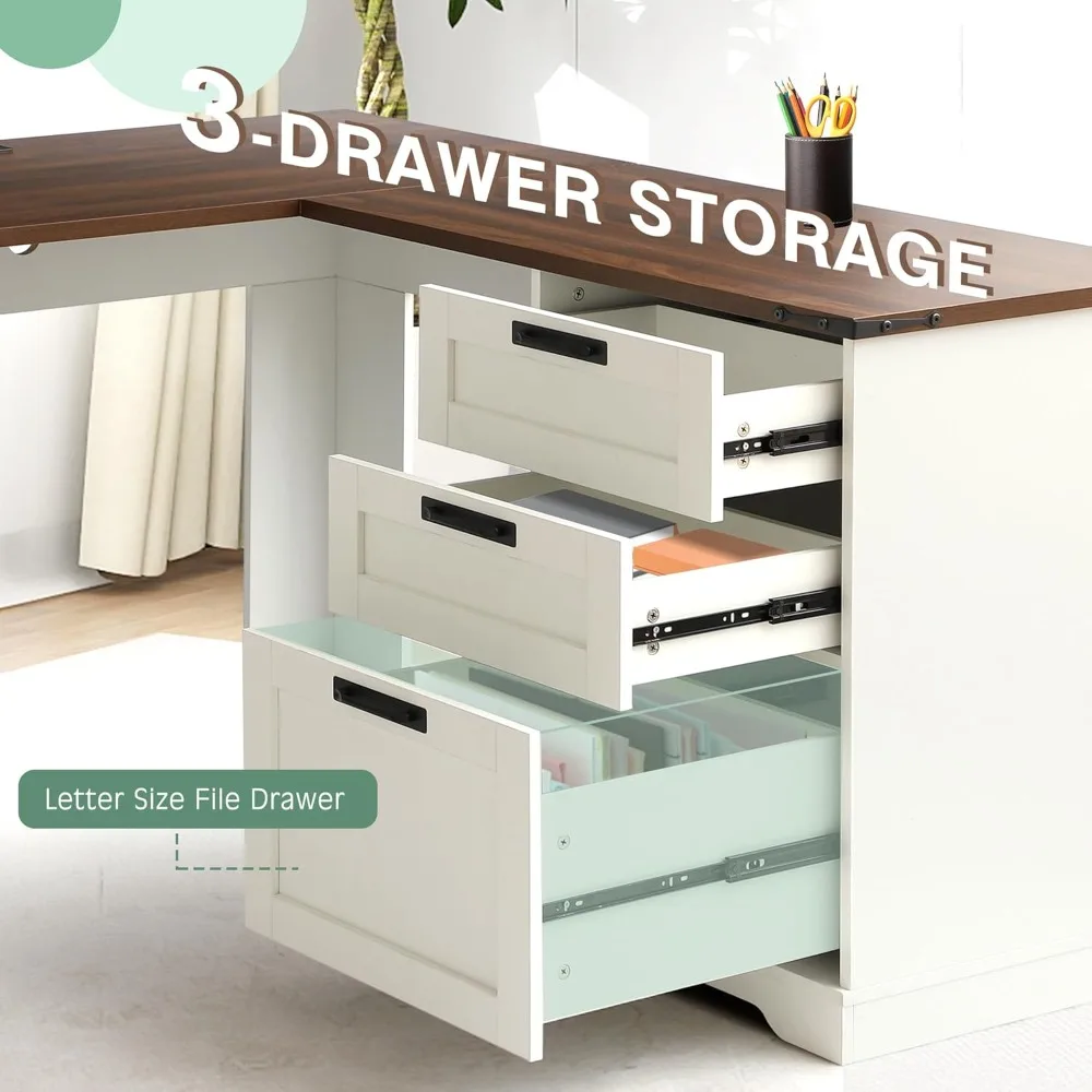 مكتب تنفيذي على شكل حرف L مقاس 60 بوصة من TITIMO مع أدراج، مكتب منزلي للمزرعة مع محطة شحن، مكتب كمبيوتر زاوية خشبية مع