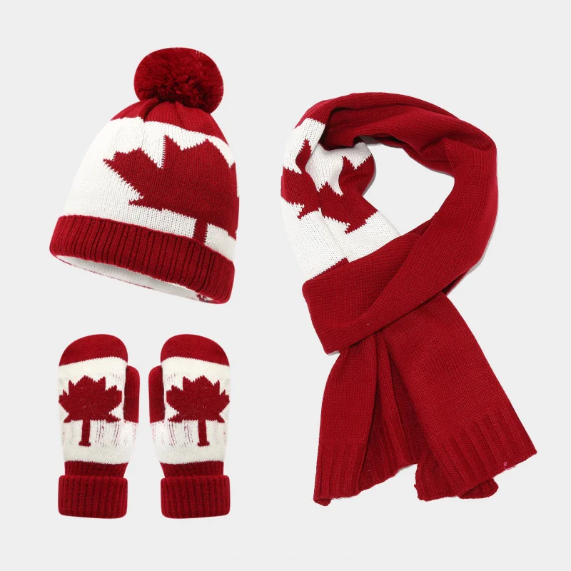 Canada Flag Maple Leaf Pattern Knitted Hat Scarf Gloves Three-Piece Set for Men and Women Casual Warm 3 pcs Set Trendy