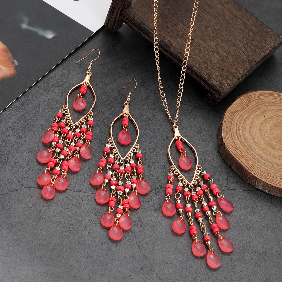 Bohemian Multicolor Crystal Long Tassel Dangle Earrings Necklace for Women Hangers Retro Gold Plated Geometric Wedding Jewelry