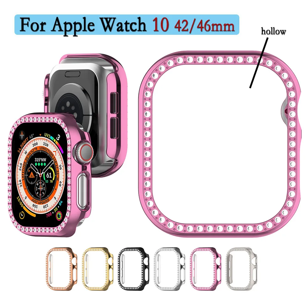 For Apple Watch 10 42/46mm Hollow Case With Single Row Diamond Decoration Durable PC Cover Support Charging Watch Shell