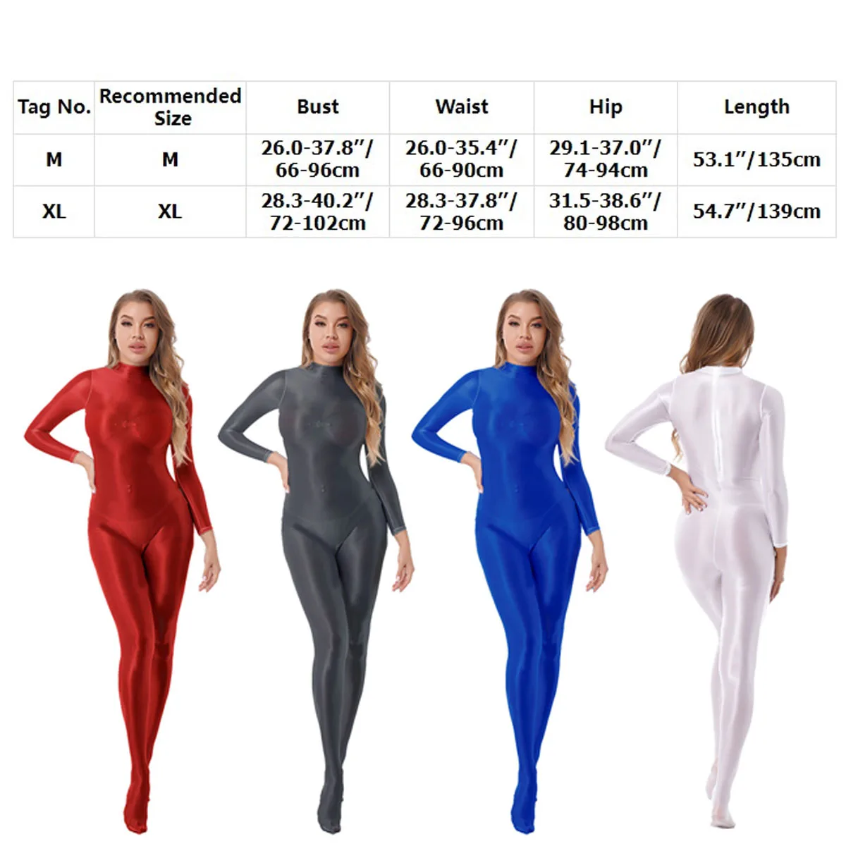 Womens Sexy Glossy Smooth Jumpsuit Long Sleeve Mock Neck Back Zipper Full Body Bodysuit Catsuit Pole Dancing Clubwear