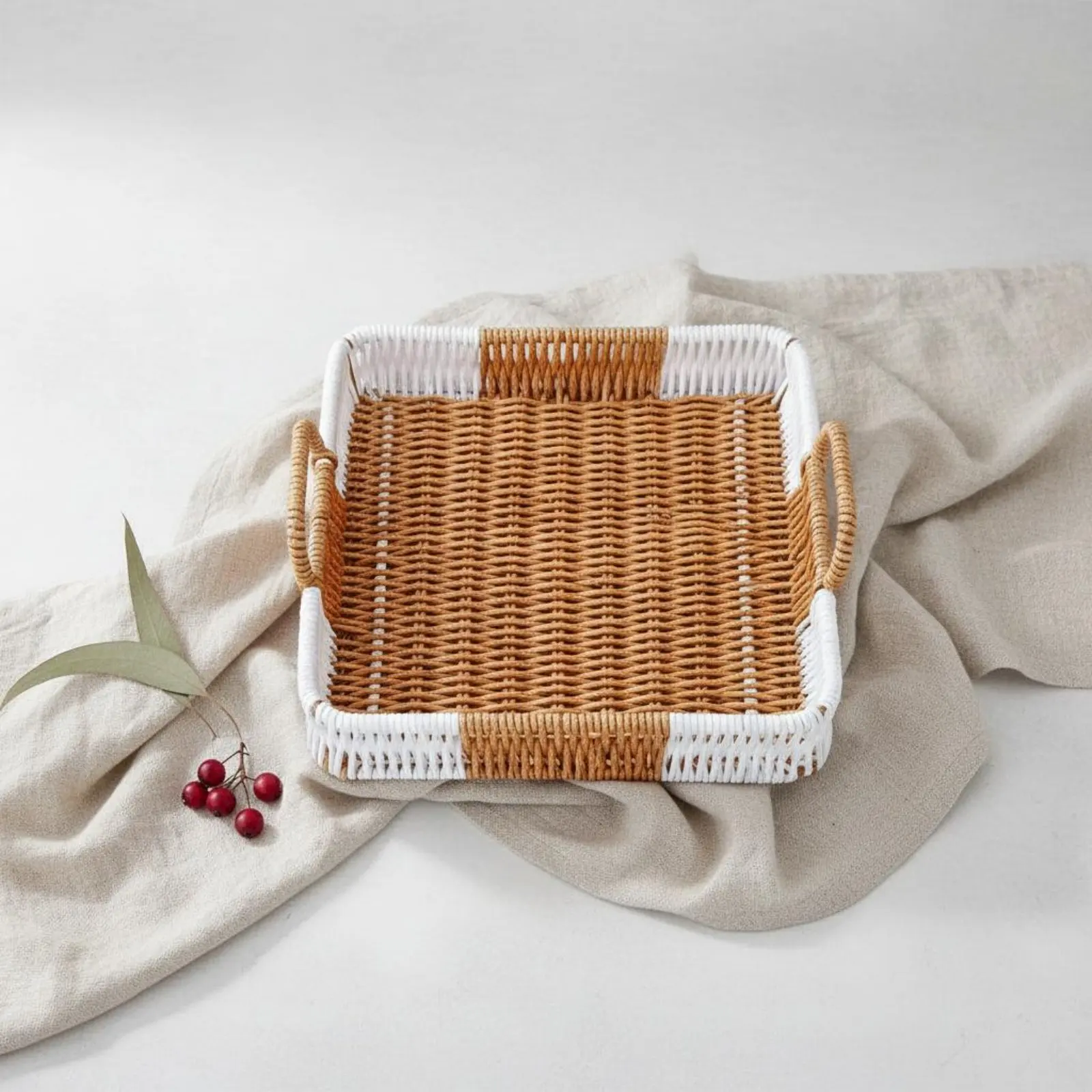 Square Wicker Basket Handwoven Woven Tray Basket Household Storage Easy to Clean Stackable