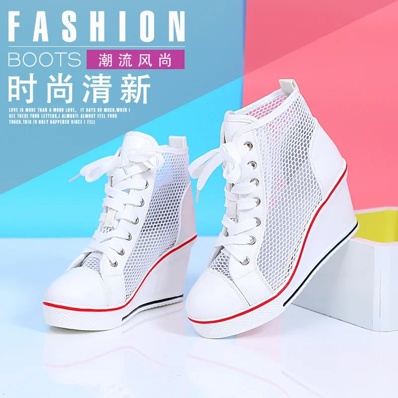 2024  Wedge Heel 8cm Height Increasing Net Shoes Thick Bottom Sandals Women\'s Casual Lace-up Shoes High-top Hollow Women\'s Shoes