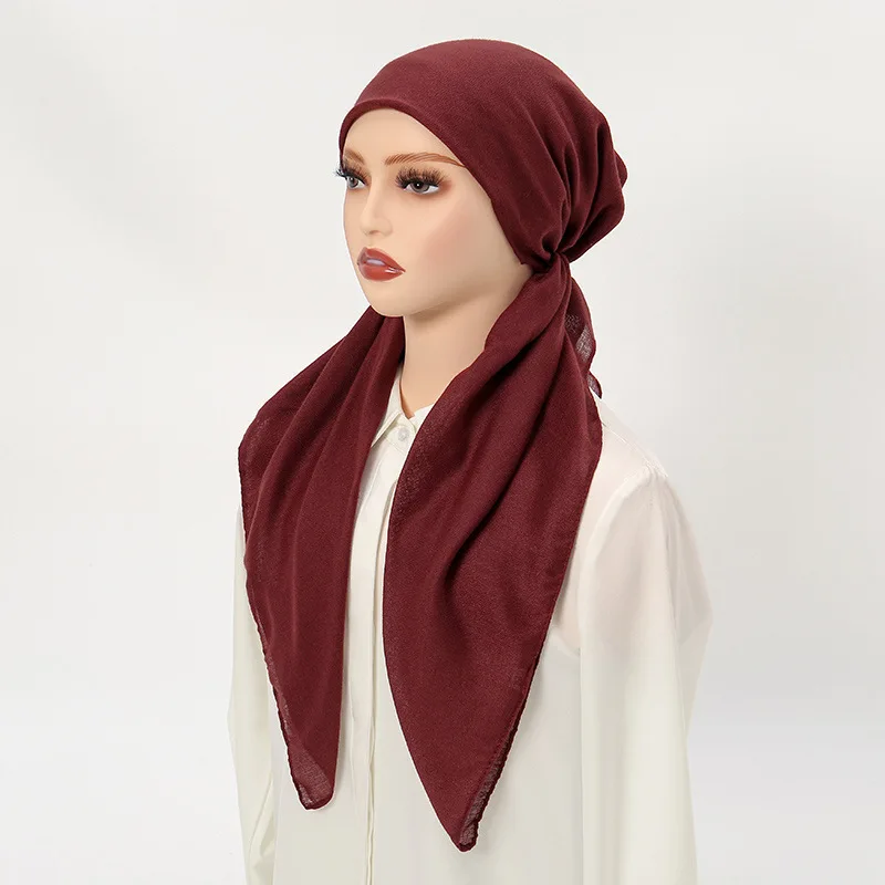 2025 nova cor sólida algodão linho turbante hijab chapéus moda cabeça envolve chapéus muçulmanos respirável quimio boné para mulheres meninas