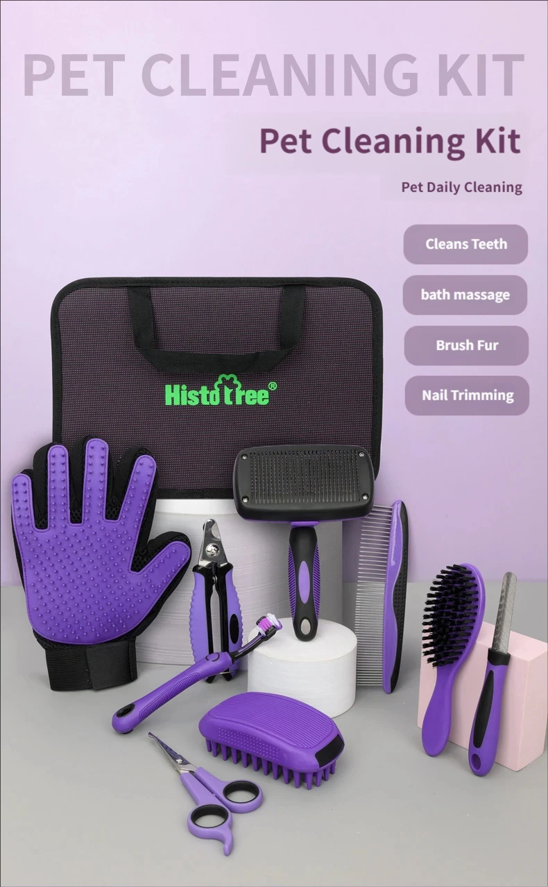 Pet comb set - Dog grooming needle comb, nail clipper, cat comb, pet stroking glove - 9-piece toolkit
