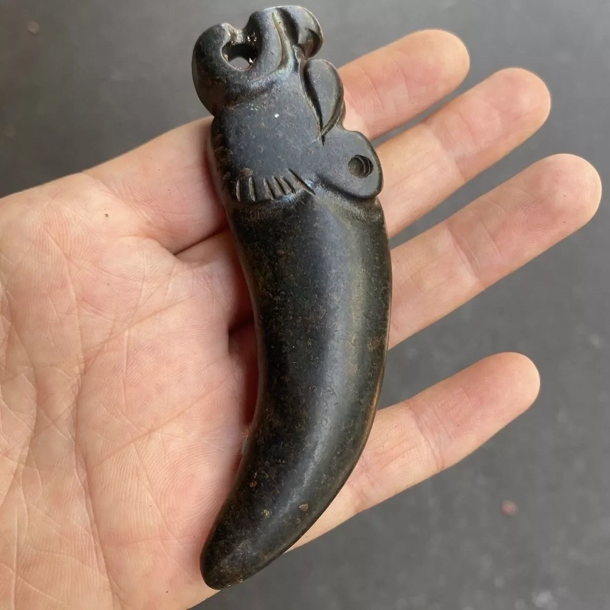 Ancient China Hongshan Culture Hand carved amulet Tiger tooth Meteorite Pendant