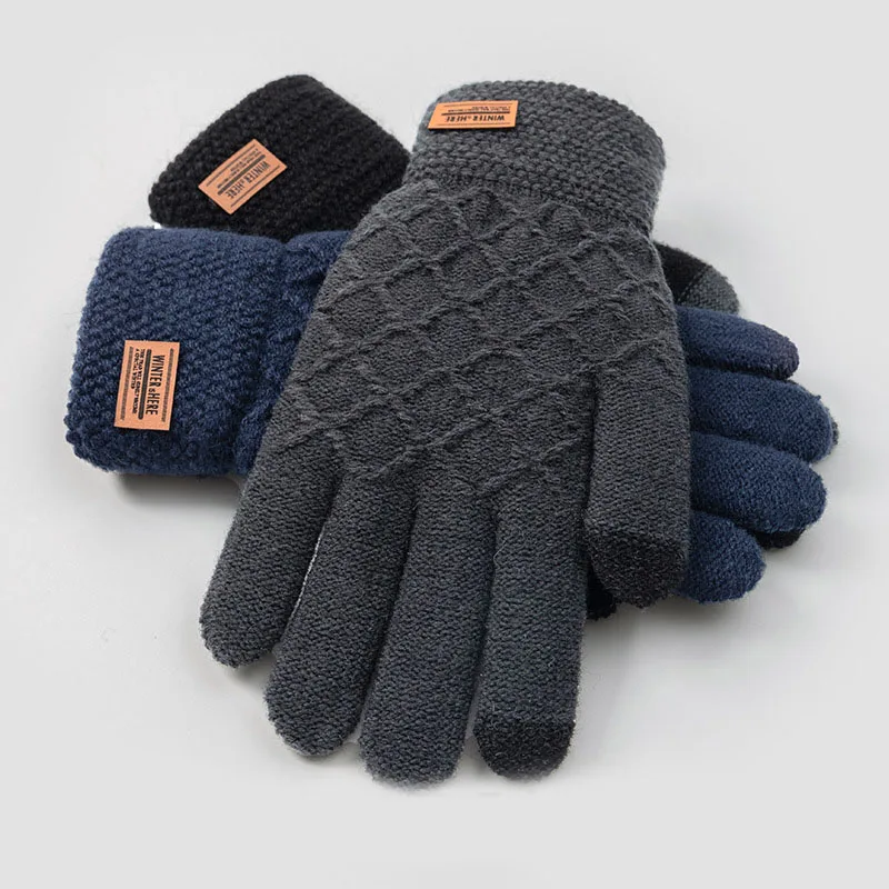 Autumn Winter Version of The Touch Screen Knitted Wool Plus Velvet Thickening Outdoor Riding Gloves for Men Accessories Gifts