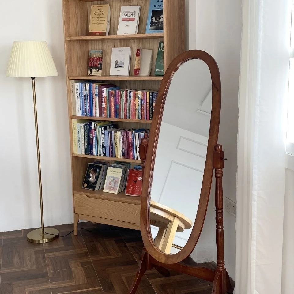 Solid wood European floor mirror round floor full-length retro medium antique full-length mirror fitting