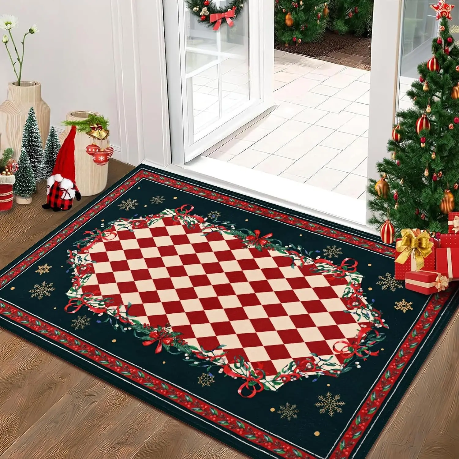 Christmas Entryway Rug Small Rug Checkered Door Mat Indoor Entrance, Snowflake Soft Winter Rugs for Entryway Non Slip Christmas