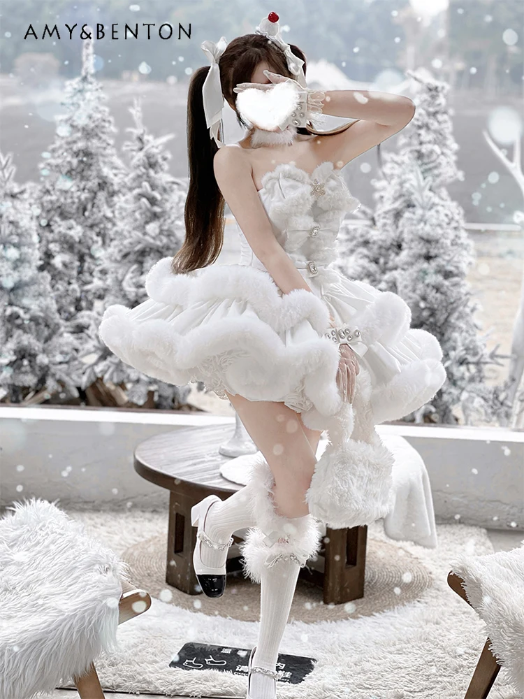 Graceful Elegant Ballet Style Princess Puff Evening Dresses Autumn Winter Off-Shoulder Strapless Plush Multi-Layer Mini Dress